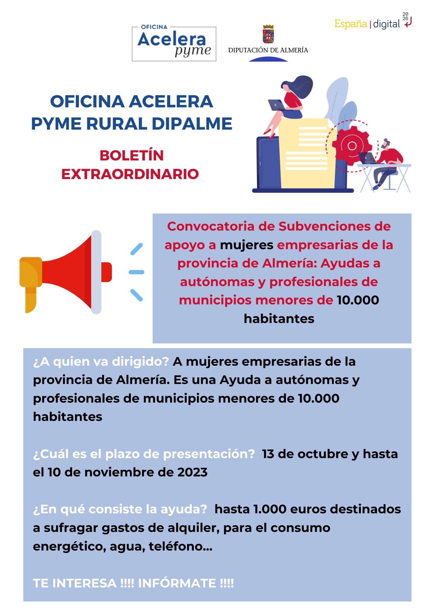 CONVOCATORIA SUBVENCIONES DIPUTACIÓN DE ALMERÍA APOYO A LAS MUJERES EMPRESARIAS: HASTA 1000 EUROS CON DESTINO A GASTOS DE ALQUILER, SUMINISTRO ELECTRICO, AGUA , TELÉFONO ETC
